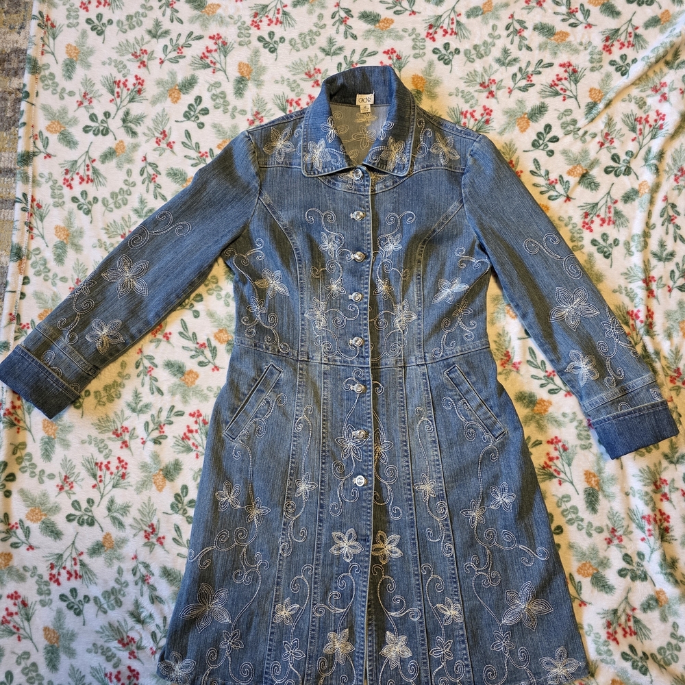 Vintage Y2k Cache' Womans Jean Jacket Dress Button Down Swirly Floral S Medium